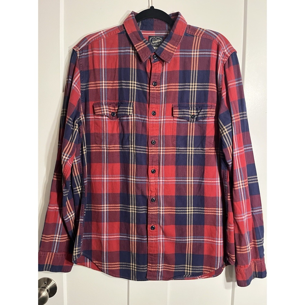 J Crew Sportsmens Outfitter Flannel Shirt Mens L Red Blue Herringbone Plaid